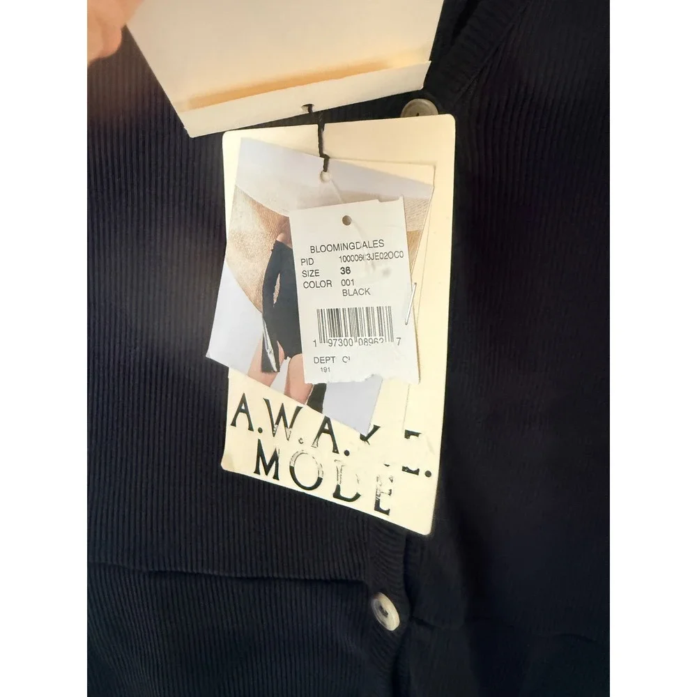 A.W.A.K.E. MODE Asymmetric Neck Playsuit Black Ribbed‎ Cotton Bell Sleeve MEDIUM